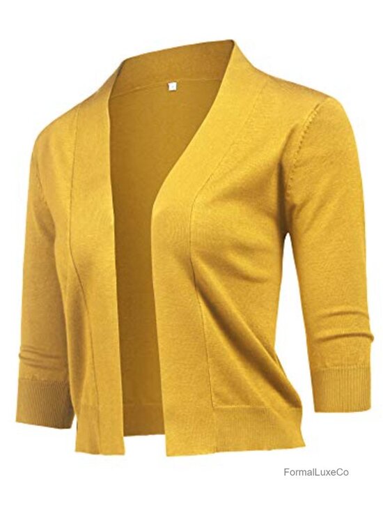 Sweaters - Women's Classic 3/4 Sleeve Open Front Cropped Cardigan Lightweight Knit Shrug